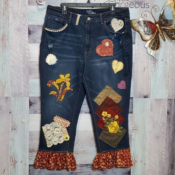 Upcycled Rust Gold Flowers Ruffle Beaded Lace Frayed BoHo Crop Jeans Sz 16 - Picture 1 of 13